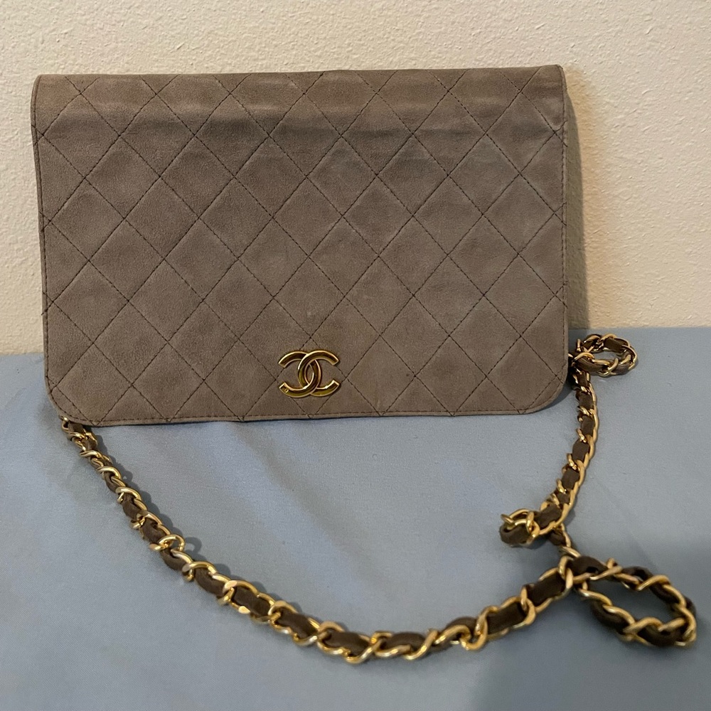 Authentic vintage.chanel grey suede crossbody bag